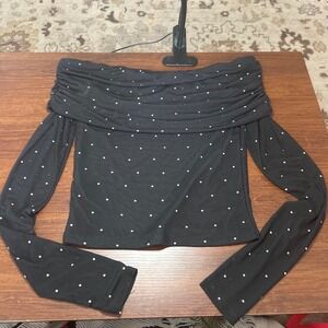Windsor Top Sm Black Mesh Glitter Dot Off Shoulder Ruched Long Sleeve TJ86AE05
